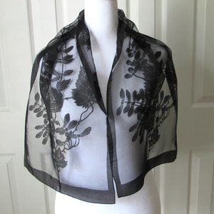 Black Sheer SCARF WRAP Dragonflies Flowers Ivy Silky Vintage